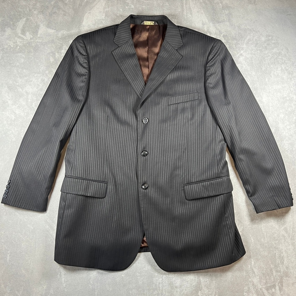 Caravelli Italy Mens 46R Black Pinstripe 3 Button Suit Jacket Blazer